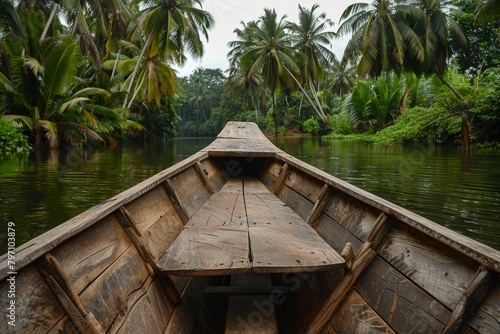 Journey through a tropical river in a wooden boat
