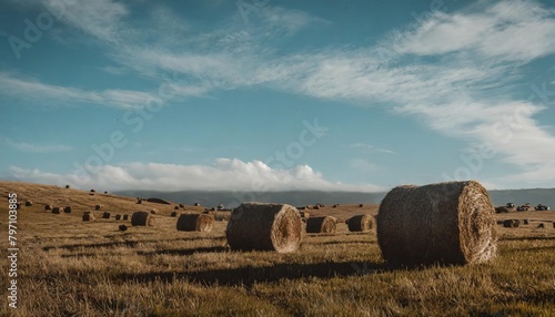 a collection of hay bales lay scattered across the grassy plain under the vast blue sky of the natural landscape