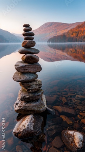 Zen Stones Balanced in a Serene Lake at Sunset