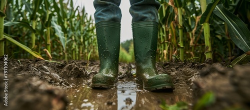 Farmer walking through muddy cornfield in rubber boots photo