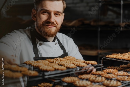 Baking cookies professional chef food industry kitchen tasty sweet cookie snack biscuit delicious dough candy factory bakery sugar cake bake fresh cook preparing chip pastry dessert chocolate