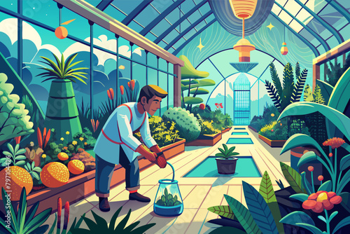 A gardener in a futuristic greenhouse, tending to plants bathed in artificial sunlight.