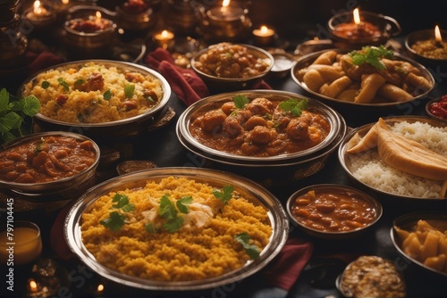 'indian food banquet dinner curry background basmati black bowl chicken coriander cookery dish isolated lamb meal pilaf eatery rice tikka prawn bengal hot selection serving spicey stainless steel' photo