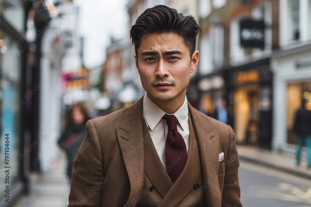 Stylish young man in a tailored suit on a city street Stylish young man in a tailored suit on a city street