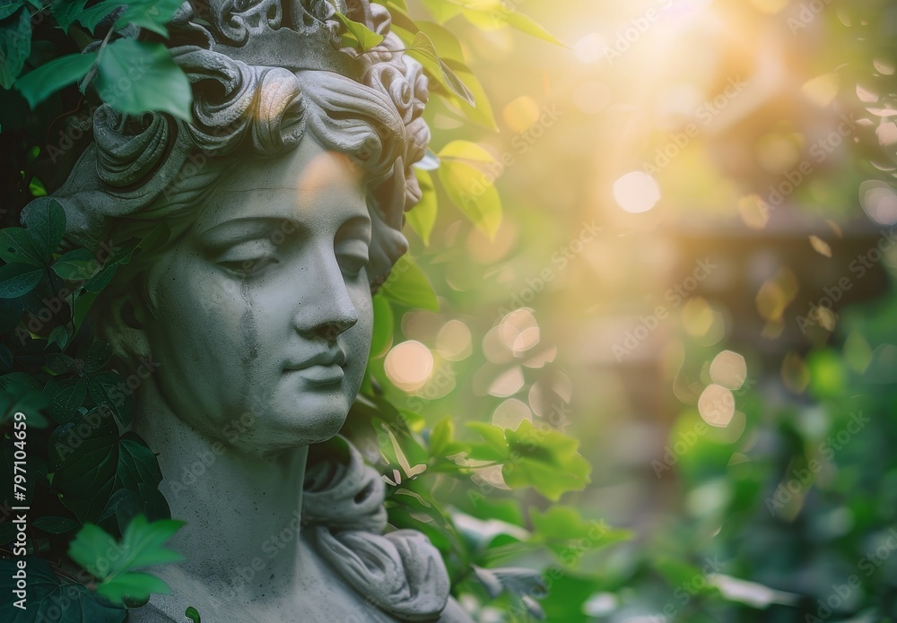 Statue of a classical figure enveloped in ivy at sunset