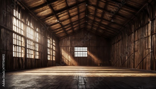 empty warehouse wooden walls and big windows interior industrial concept background 3d render