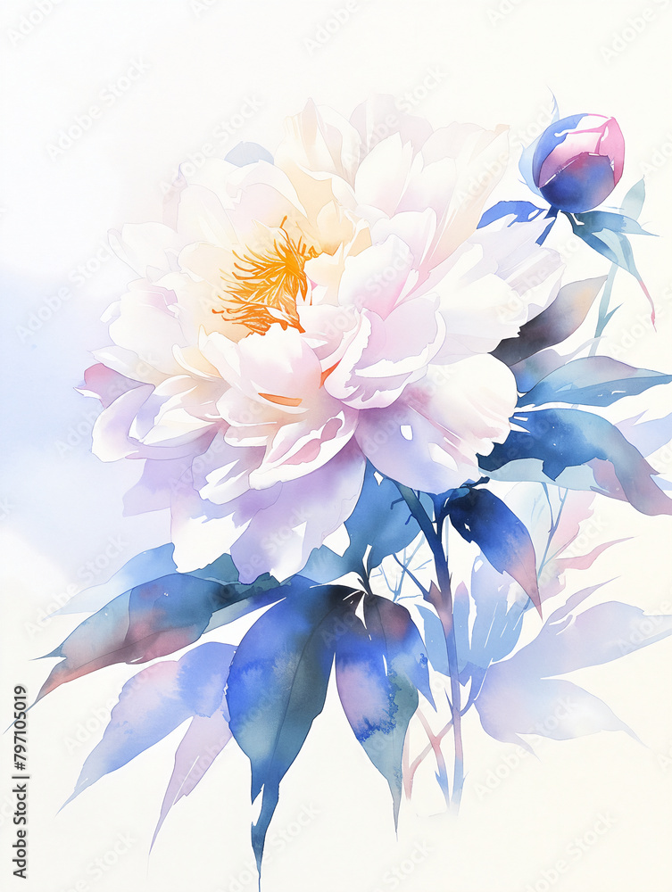 Watercolor peony flower illustration. Romantic floral design and spring blossom concept for design and print.