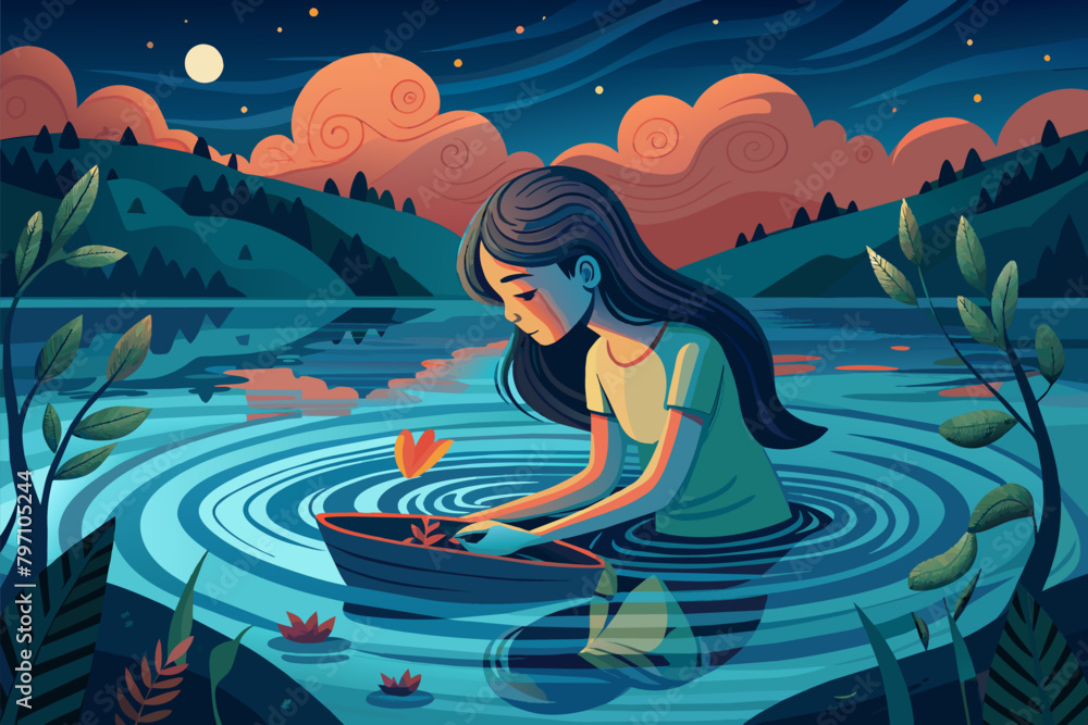 A girls gentle touch creates ripples in the water, connecting with nature on a silent boat ride