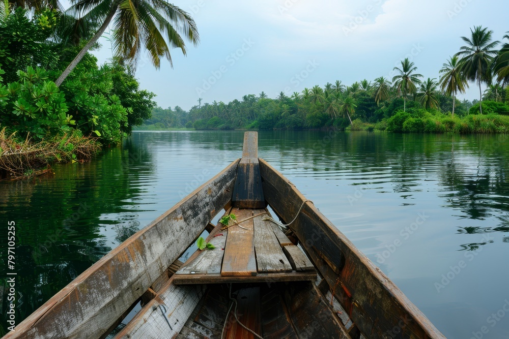 Traditional wooden boat on a tranquil tropical river Traditional wooden boat on a tranquil tropical river