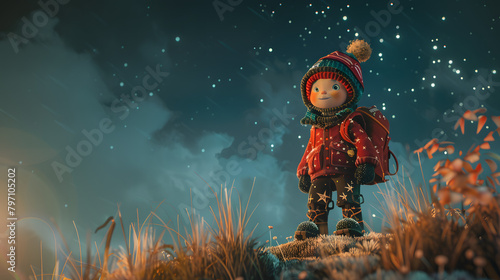 A little lad perches on a hill. wearing a delightful explorers gear with cool star patterns and black boots. He grins at his guides nearby photo