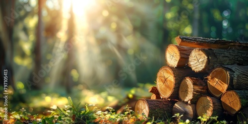Sunlight streaming through trees onto a stack of firewood in a forest photo