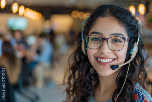 Cheerful customer service representative with headset in office