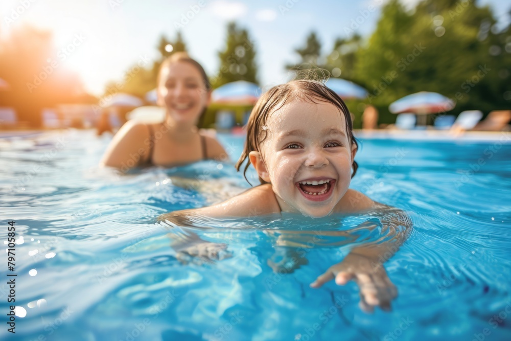 Child swimming in a pool playing water sports fun family vacation children mom dad childhood memory experience happy leisure summer activity smiling cheerful sport splashing swim joy action resort Child swimming in a pool playing water sports fun family vacation children mom dad childhood memory experience happy leisure summer activity smiling cheerful sport splashing swim joy action resort