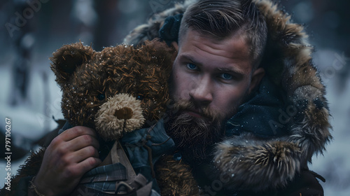 A man with nordic look holding af teddy bear with a sweather on  photo