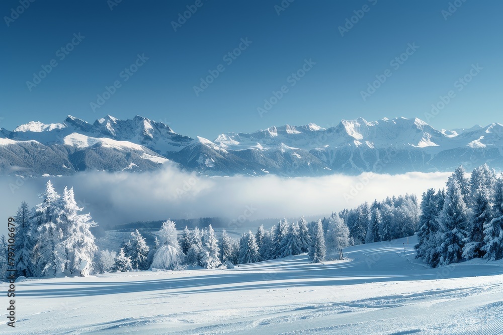 Serene Winter Landscape with Snow-Covered Trees and Mountain Backdrop