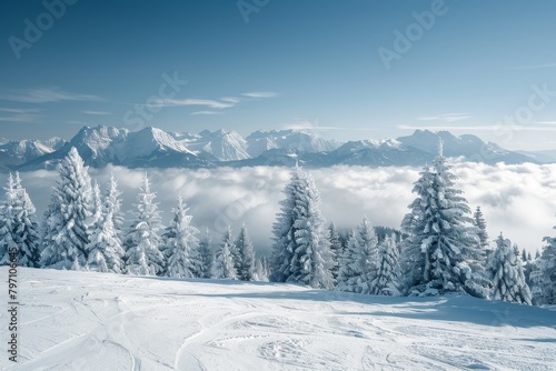 Winter Wonderland: Snow-Covered Trees and Mountain Peaks Above Clouds © Balaraw