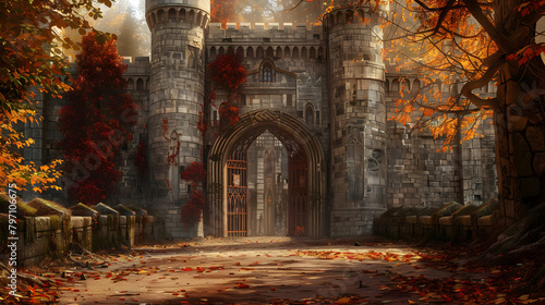 A medieval castle entrance with towering walls and an arched gate. surrounded by autumn leaves on the ground. The scene is set in an ancient European setting