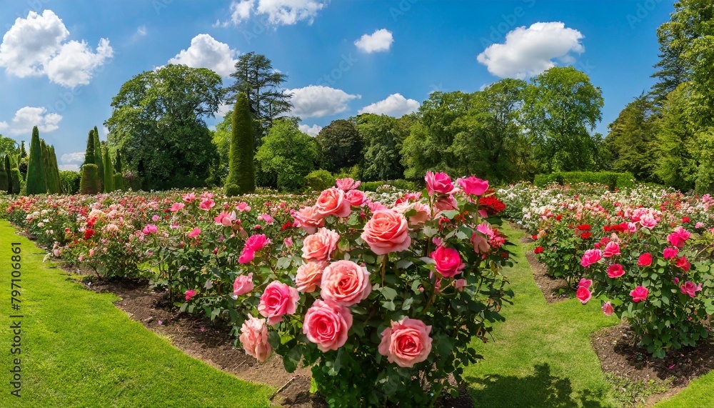 timeless beauty of a classic rose garden in full bloom panorama