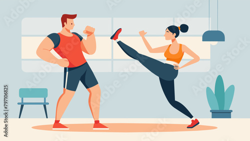 A personal trainer guides his client through a series of kickboxing exercises highlighting the benefits of increased flexibility and range of