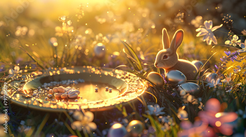 A metallic plaque adorned with Easter ornaments and bunny paws clutching it. set against the backdrop of meadows and shimmering Easter eggs on a bright Easter morning.  photo