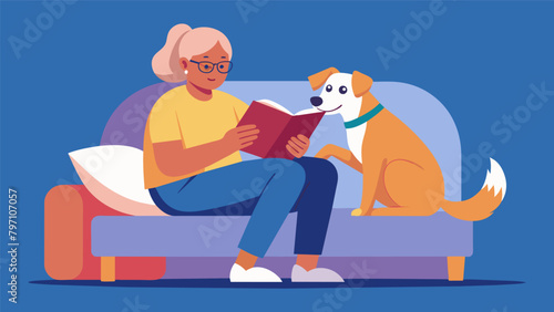 A volunteer and a longterm resident dog cuddled up on a couch the volunteer reading a book out loud to the dog while the dog nuzzles closer content. Vector illustration