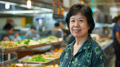 A middle-aged Asian woman with short black hair. wearing a dark blue and green shirt is smiling at the camera while standing in front of an indoor food court line filled with various dishes photo