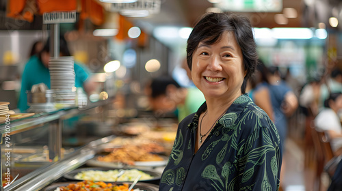 A middle-aged Asian woman with short black hair. wearing a dark blue and green shirt is smiling at the camera while standing in front of an indoor food court line filled with various dishes