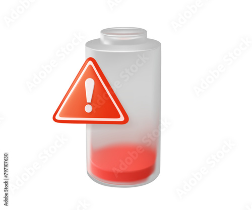 3D battery icon. Charging battery, mobile phone battery with warning error sign. Low battery warning. 3d vector icon. Cartoon minimal style. Empty battery life status.
