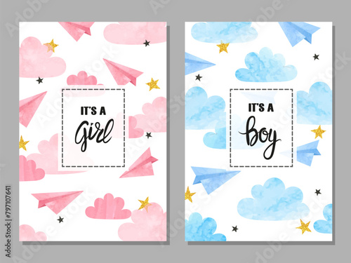 Baby shower card set. Watercolor invitation cards design for baby shower party - girl and boy. Clouds and paper airplanes