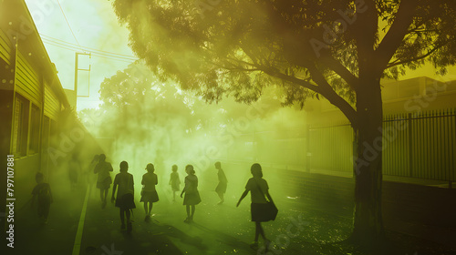 A misty photograph of primary school kids sauntering in the pathway of their grand. current gold and brown primary school with vivid lime nuances and indistinct motion blur encircling them.  photo