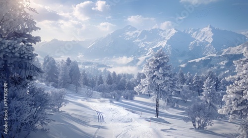 A serene view of an Olympic ski run, showcasing the beauty and challenge of the sport.