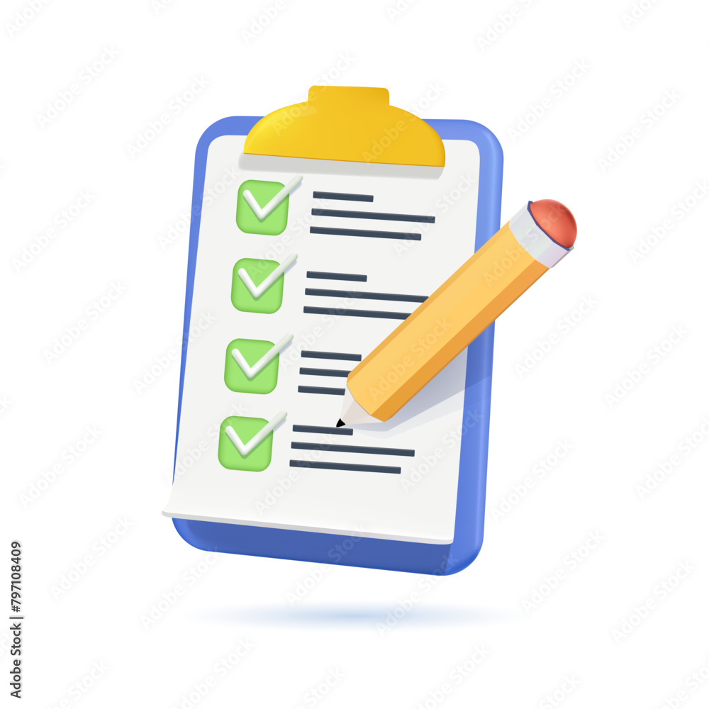 Clipboard with checklist with green check marks and pen. 3d clipboard ...