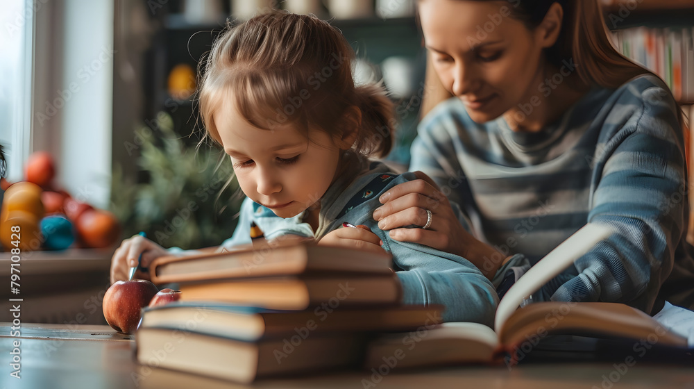 A mother and her child were sitting at the table doing homework together. with books on top of an open notebook in front of them A mother and her child were sitting at the table doing homework together. with books on top of an open notebook in front of them