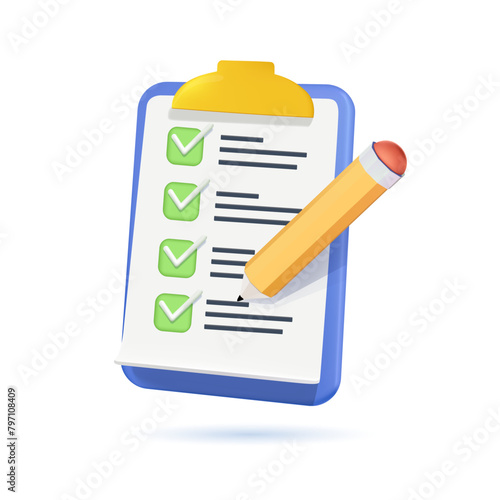 Clipboard with checklist with green check marks and pen. 3d clipboard task management with checkmarks 3D illustration. To do list, weekly schedule. Productivity diary. Planner 3D icon