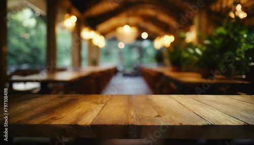 empty wooden table top in blurred restaurant or cafe
