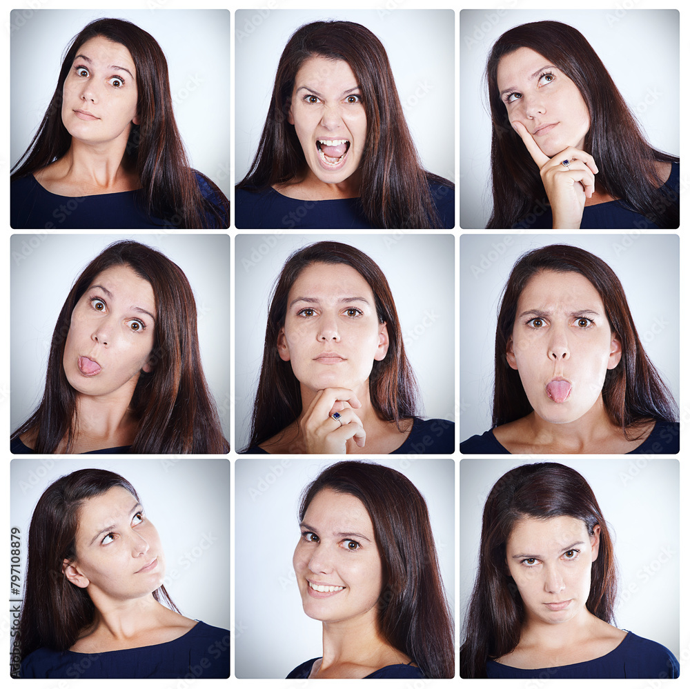 Collage, face and woman with emotions in studio on white background for fun, personality and funny. Female person, isolated and facial expressions as gen z, collection and portrait with feelings Collage, face and woman with emotions in studio on white background for fun, personality and funny. Female person, isolated and facial expressions as gen z, collection and portrait with feelings