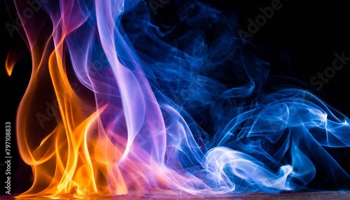 abstract colorful fire background a blue orange and purple fire and lightning with smoke on black in the style of smooth and curved lines creative commons attribution