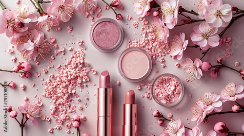 Cosmetic branding, girly blog cover and girly glamour concept - Make-up and cosmetics products set, pink blossom flowers and sakura blossom background for luxury beauty brand, holiday flatlay design photo