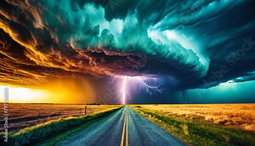 electric fury supercell storm over prairie road dramatic weather encounter generative ai photo