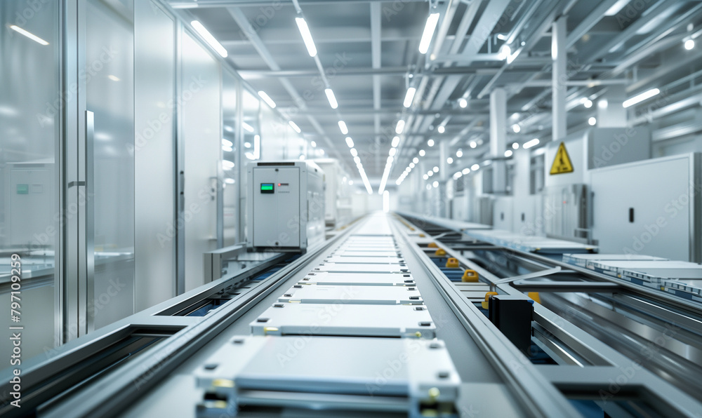The photo shows an automated assembly line where battery cells for electric vehicles are mass-assembled. The photo shows an automated assembly line where battery cells for electric vehicles are mass-assembled.