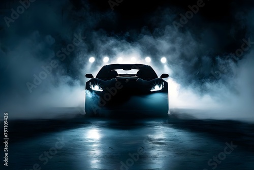 Black sports car on black background with smoke and spotlights in center. Concept Car Photography, Black Sports Car, Smoke Effects, Spotlight, Dramatic Lighting