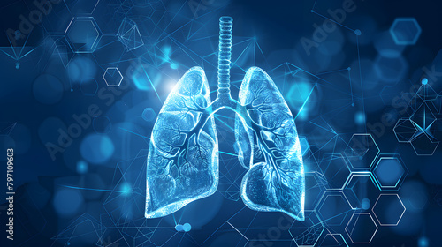 A pair of lungs showing the left and right lobes are shown in blue. against an abstract background of hexagons and lines photo