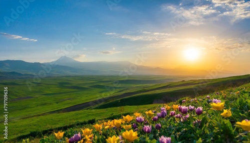 view of a countryside landscape at sunset in spring with flowers blooming in aragatsotn province of armenia
