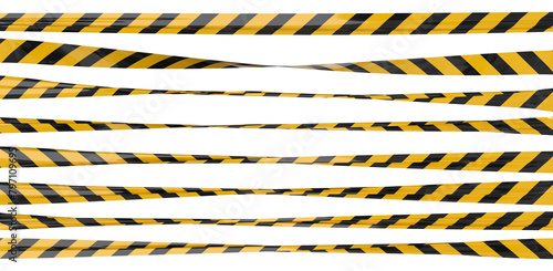 Isolated warning tape with yellow and black stripes. Stretched caution ribbon set. photo