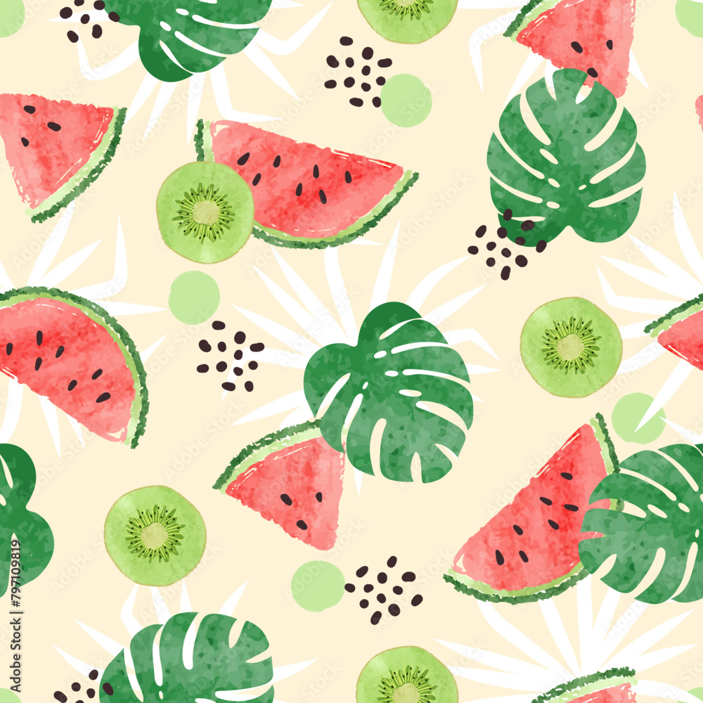 Seamless tropical pattern with kiwi fruit and watermelon slices. Summer background Seamless tropical pattern with kiwi fruit and watermelon slices. Summer background