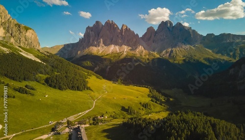 a magical drone view of the val di fassa valley italian alps dolomites south tyrol europe