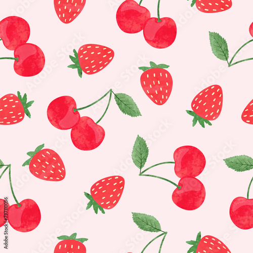 Strawberry and cherry pattern. Seamless summer background with watercolor red berries