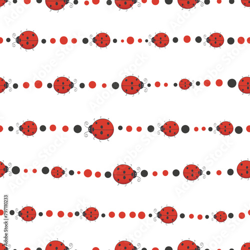 Seamless cute ladybug pattern. Vector striped background  textile  fabric design