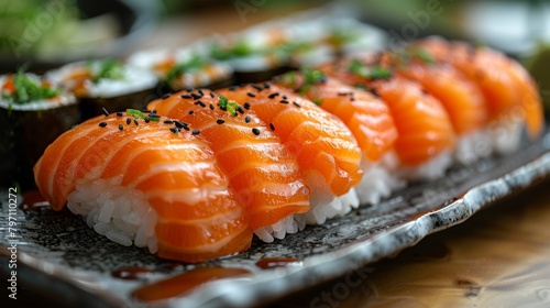 Fresh salmon sushi roll on elegant plate photo