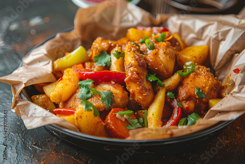 Irish spice bag take away food with potato fries, fried chicken, vegetables and curry sauce